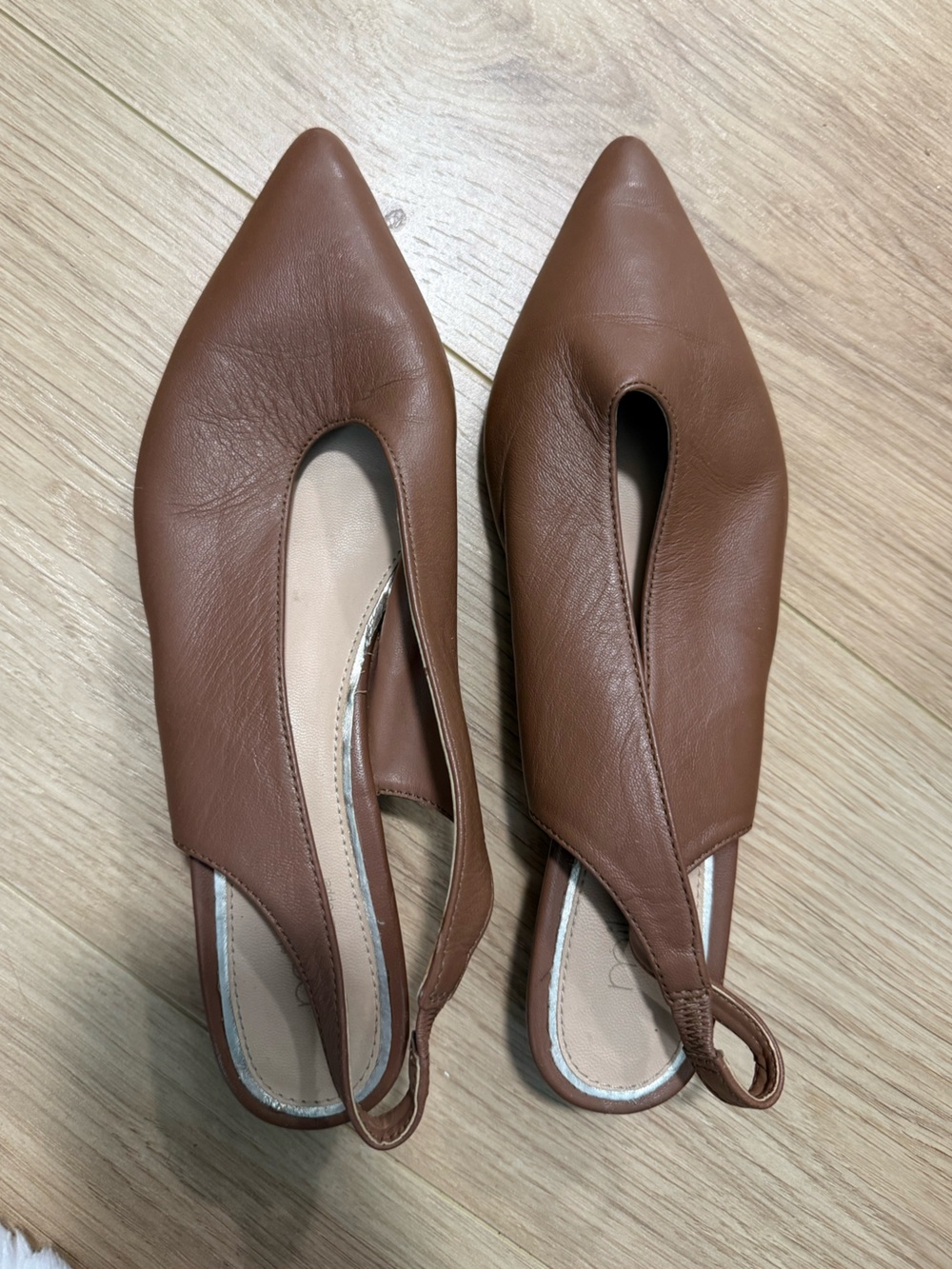 Milano Tan Genuine Leather Pointed Toe Slingback Kitten Heels Size 38 US 7.5